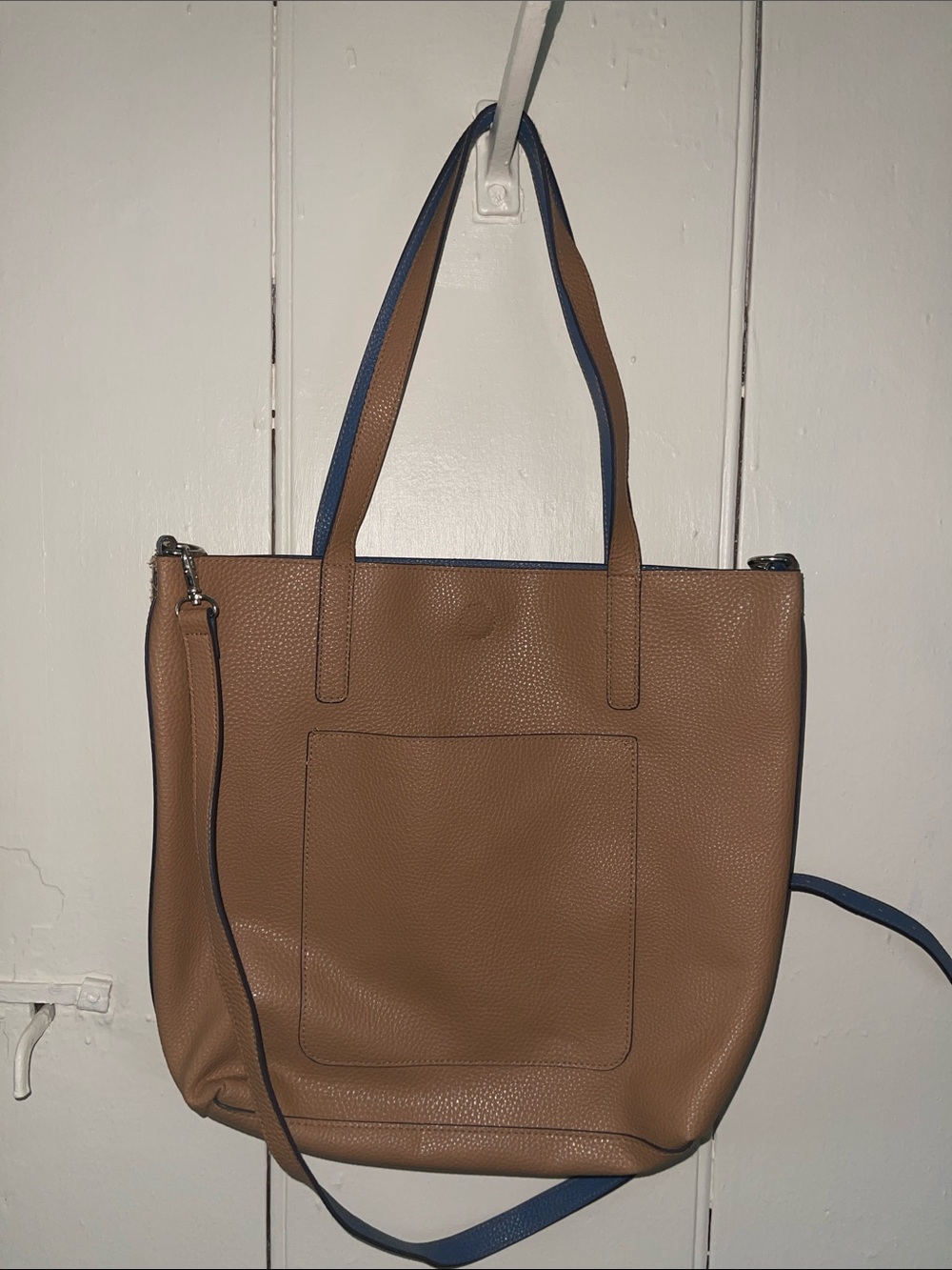 Women's Reversible Tan Tote Bag with Blue Trim